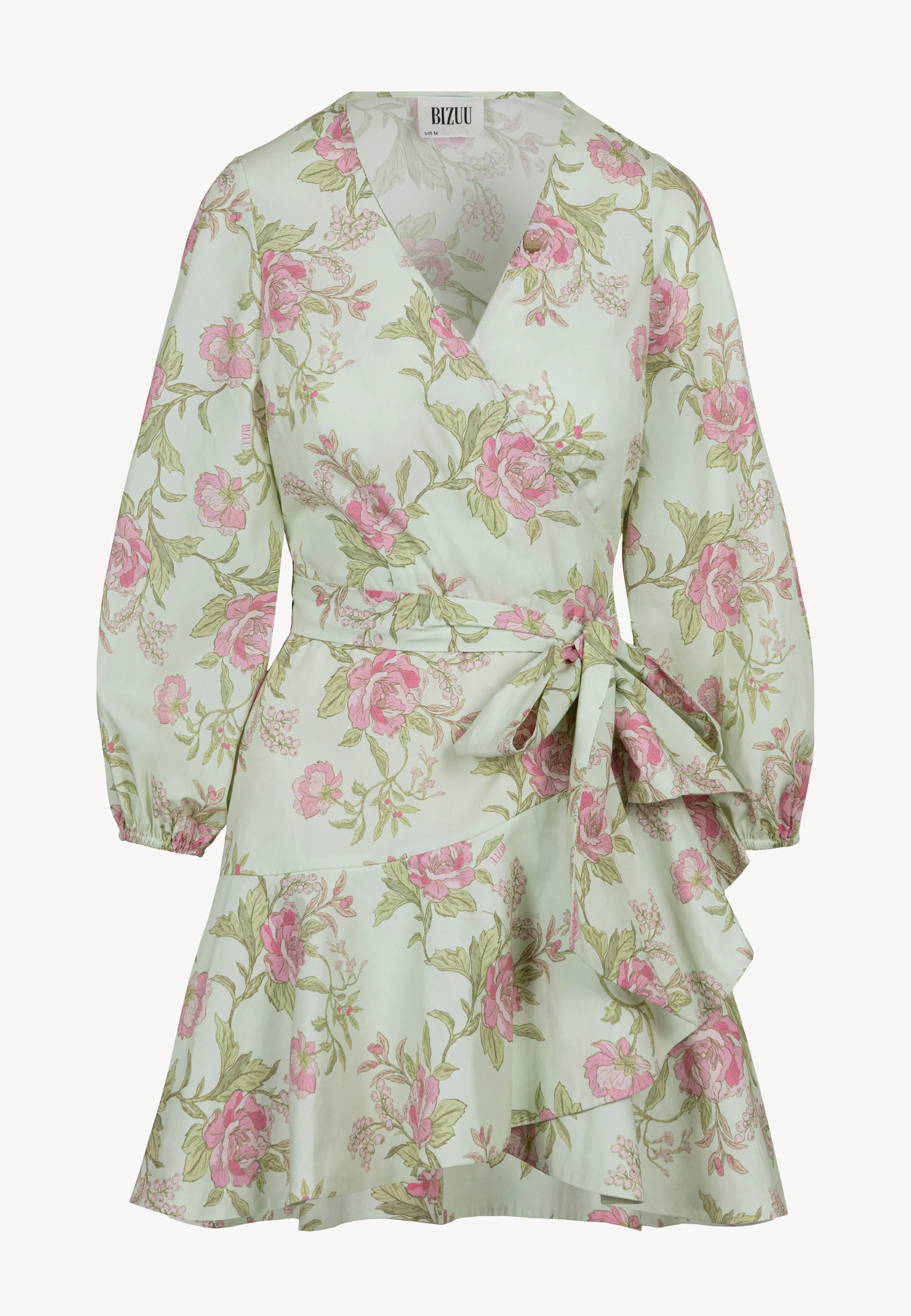 Kopertowa sukienka mini w autorski print AMBROSIA zielona - Image 3