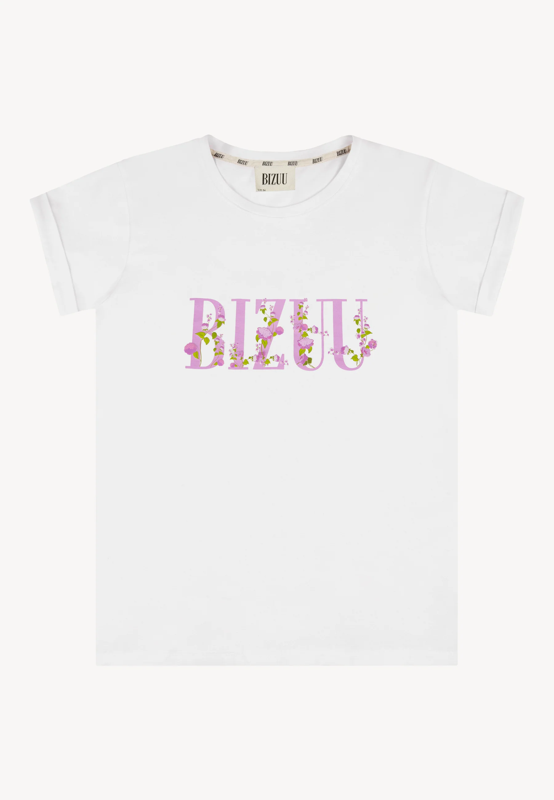 T-shirt z nadrukiem i podwiniętymi mankietami FLORINA biały - Image 3