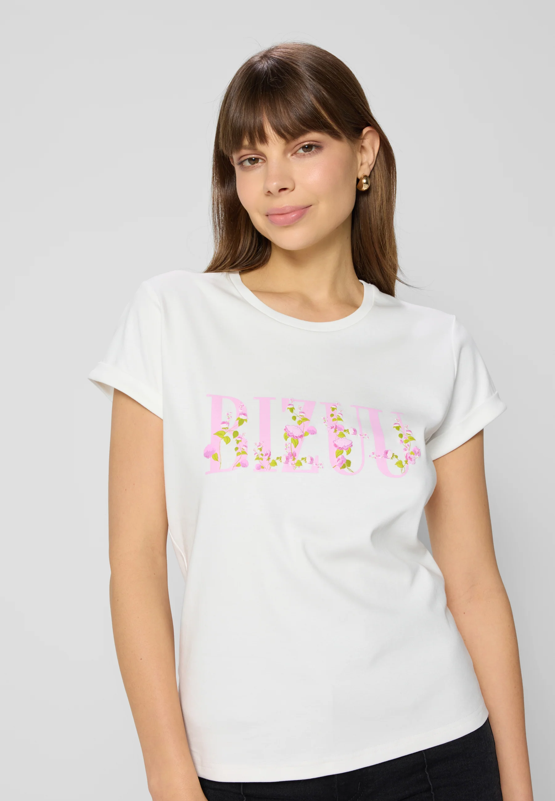 T-shirt z nadrukiem i podwiniętymi mankietami FLORINA biały - Image 6