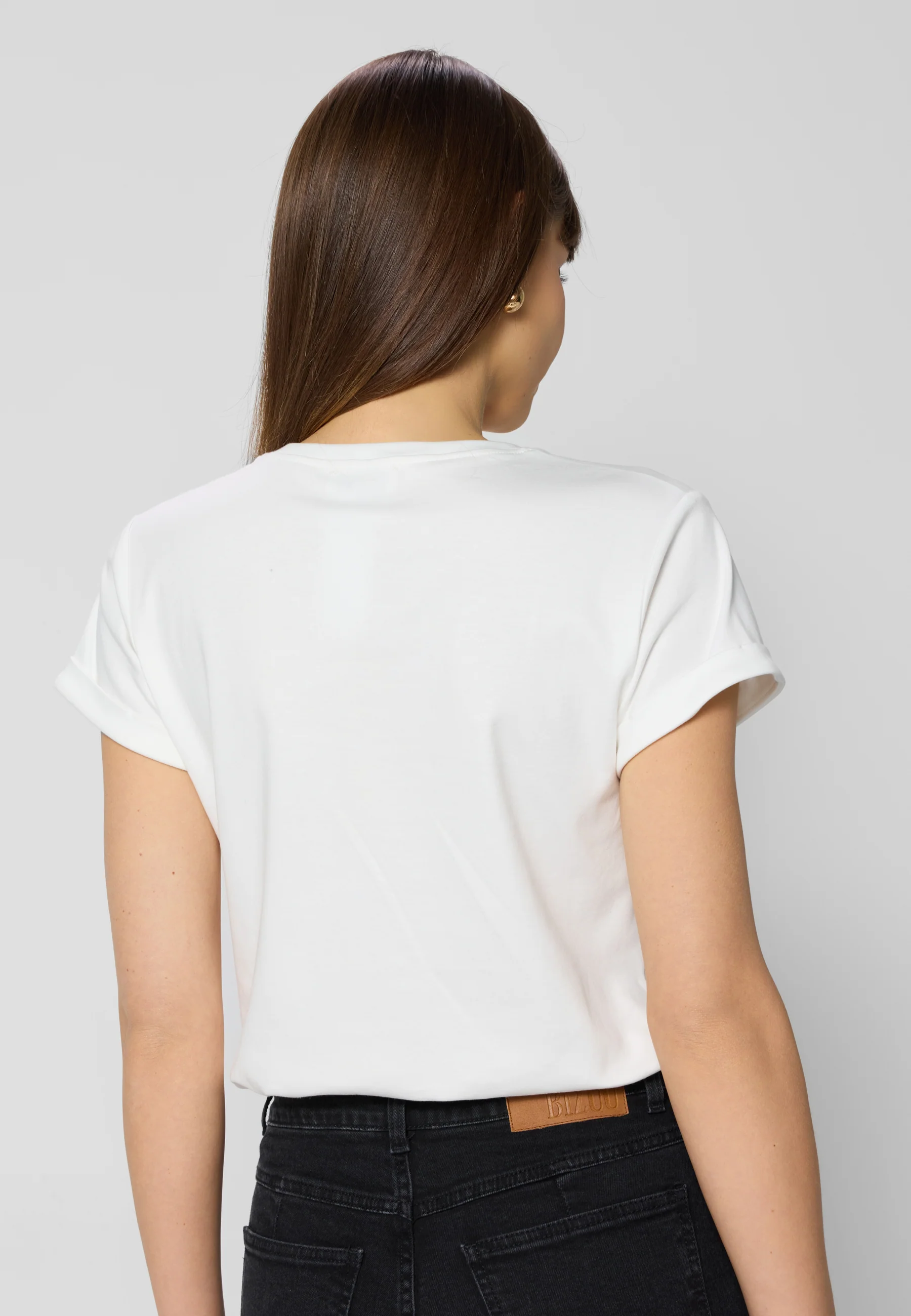T-shirt z nadrukiem i podwiniętymi mankietami FLORINA biały - Image 7